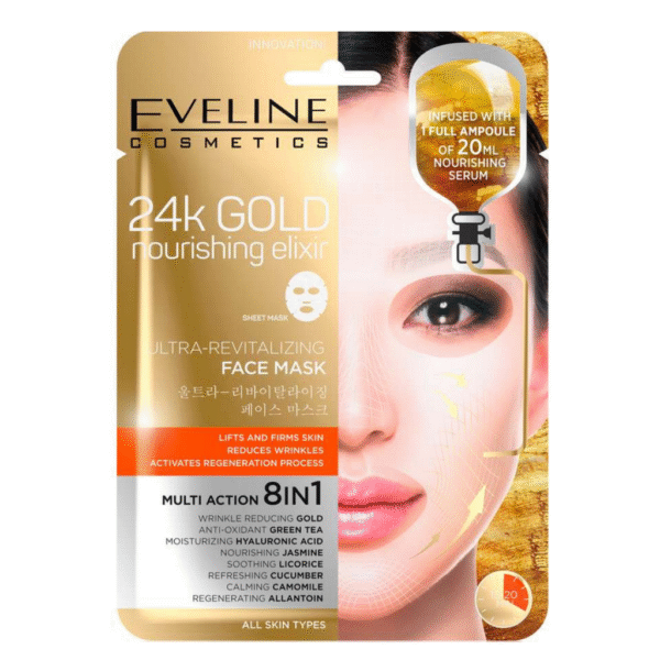 Eveline 24k Gold Face Mask Sheet Ultra Revitalizing 8 in 1 Multi Action